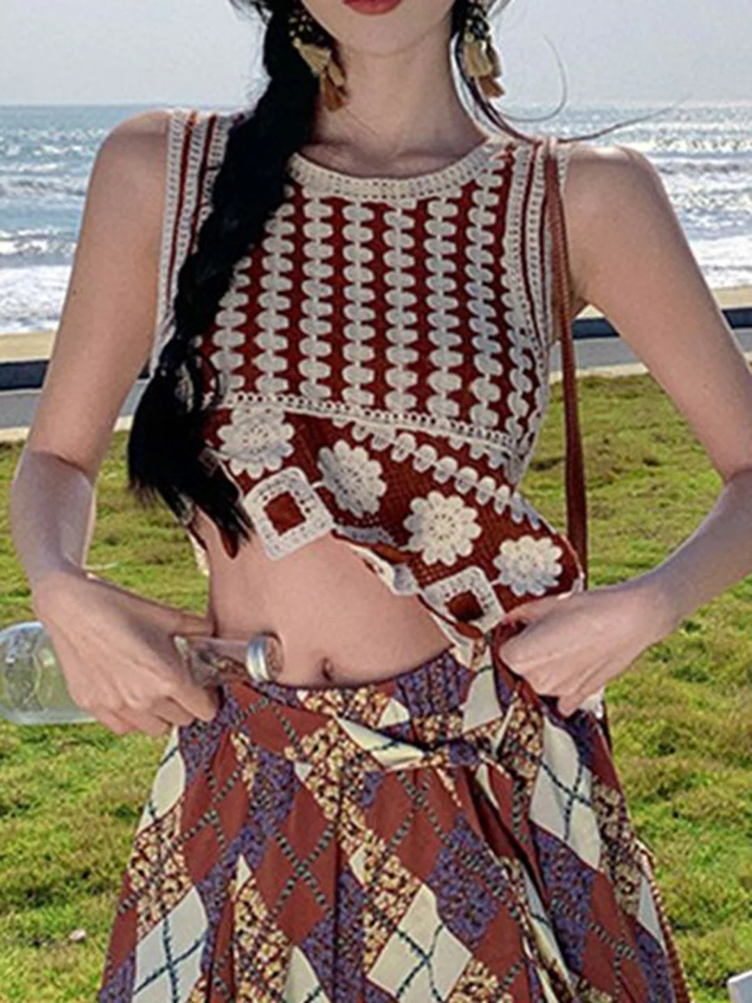 DressBerry Embroidered Round Neck Crop Top With Printed Maxi Skirt Co-Ords - Image 2