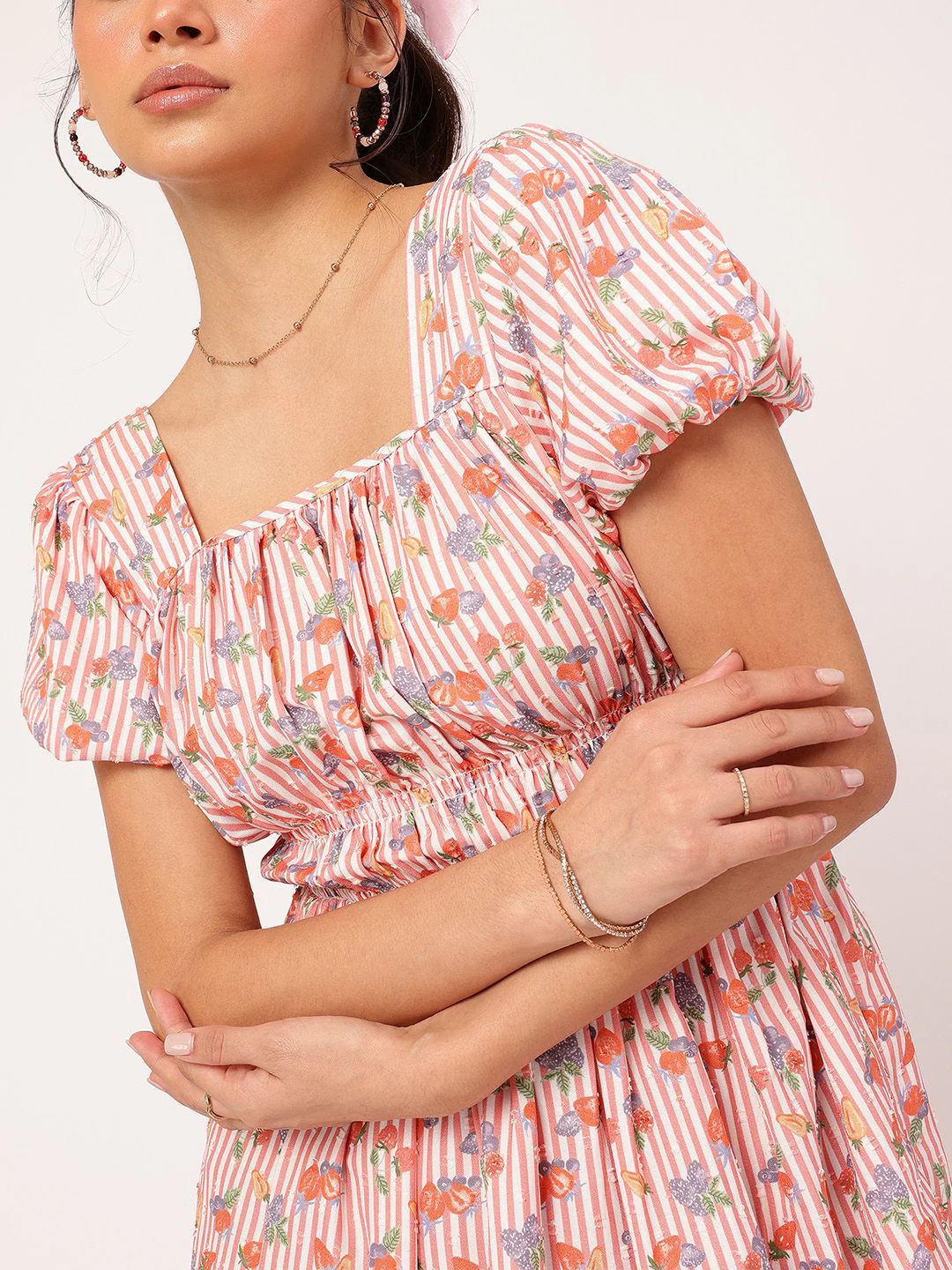 DressBerry Floral Frenzy Striped Dobby Weave Smocked A-Line Mini Dress - Image 2