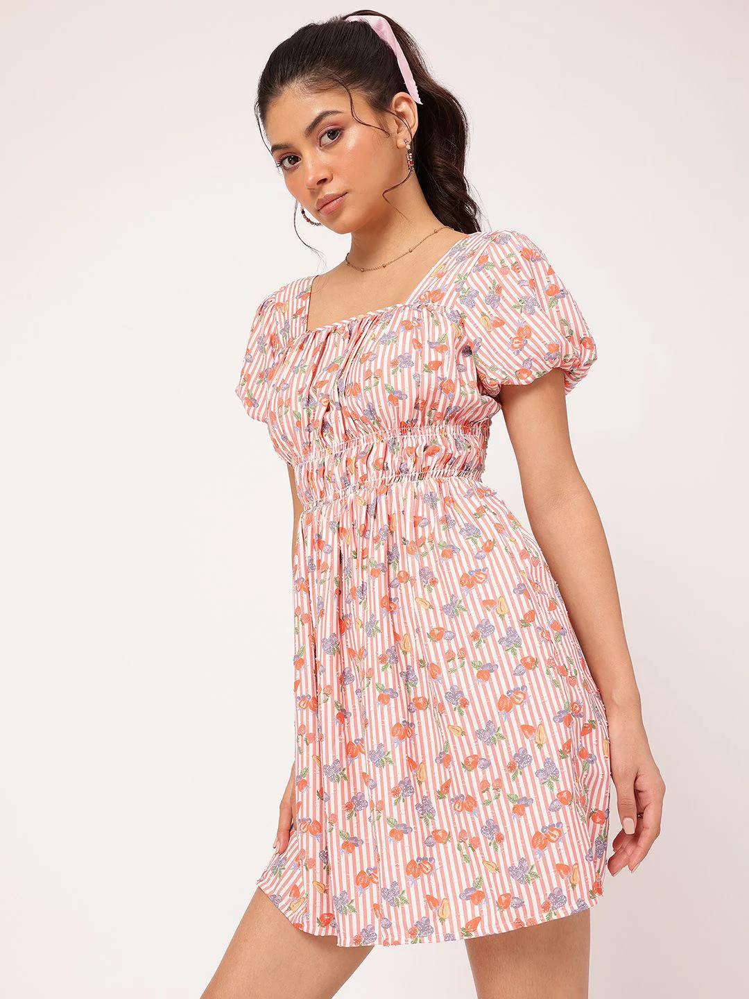 DressBerry Floral Frenzy Striped Dobby Weave Smocked A-Line Mini Dress - Image 3