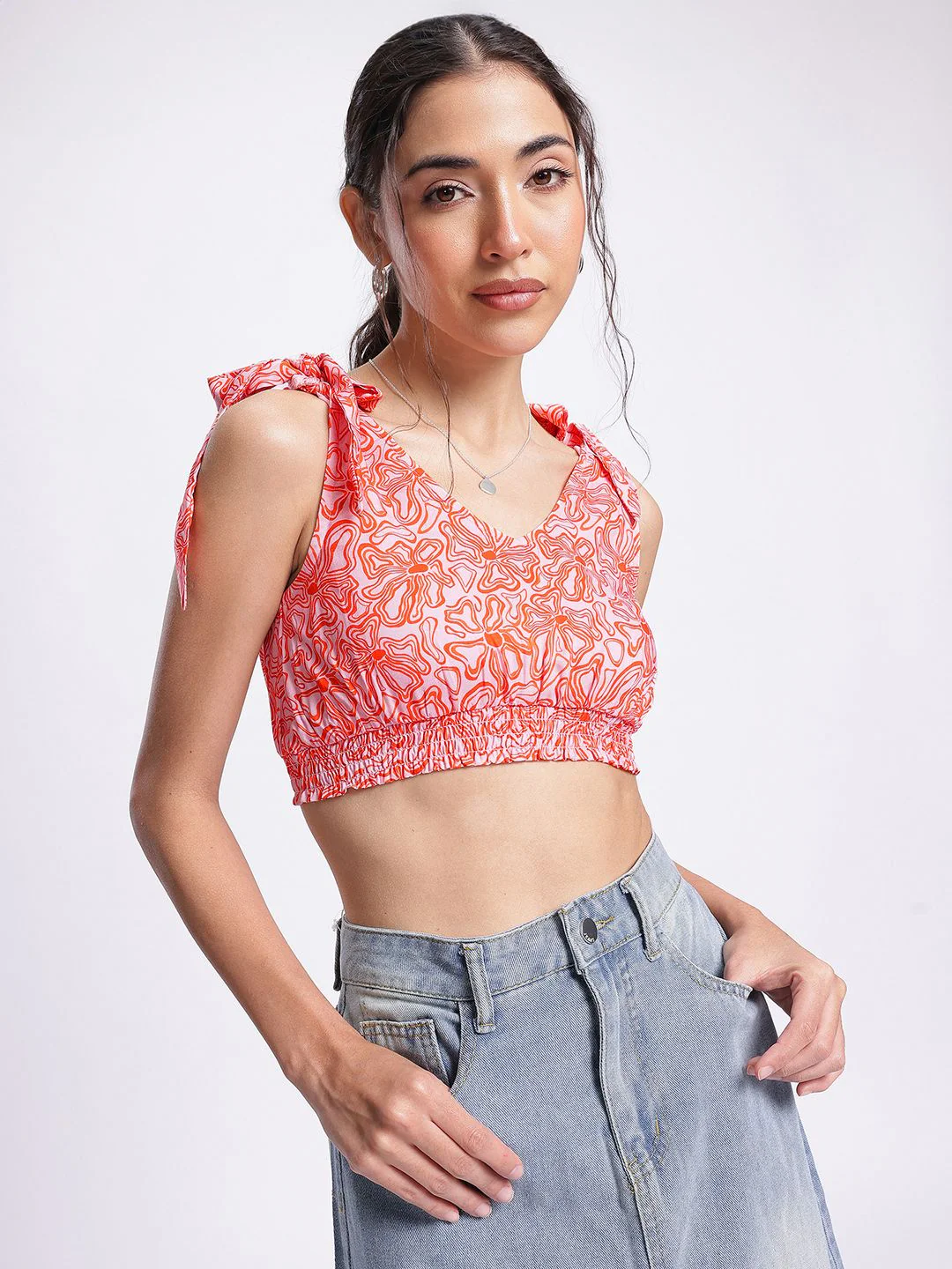 DressBerry Floral Frenzy Tie-Up Detail Smocked Crop Top - Image 2