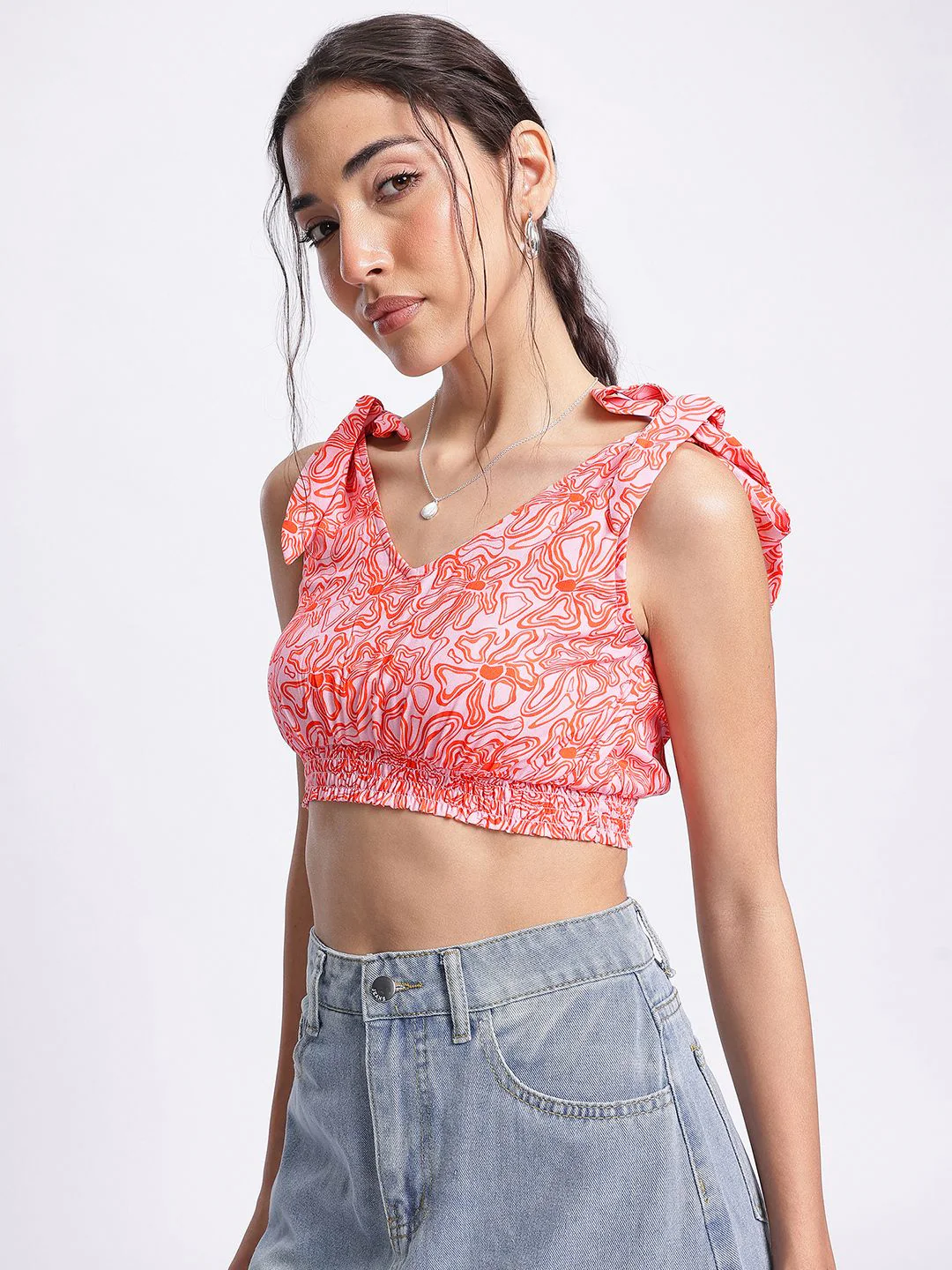 DressBerry Floral Frenzy Tie-Up Detail Smocked Crop Top - Image 4