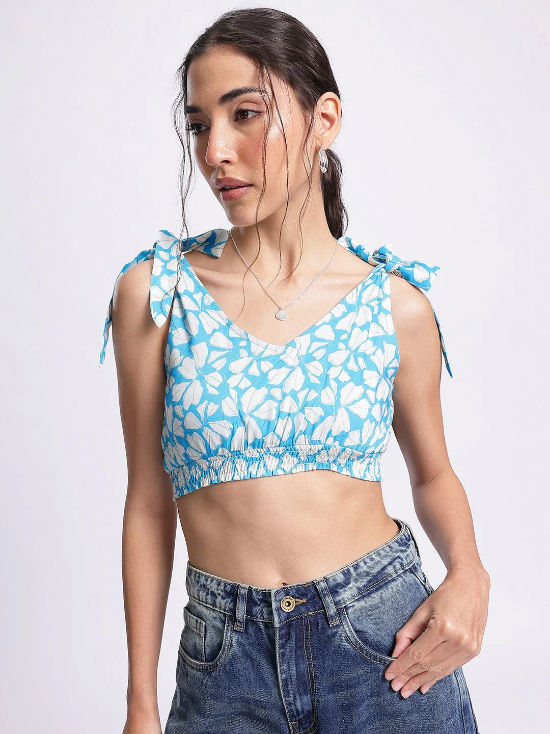 DressBerry Floral Frenzy Tie-Up Detail Smocked Crop Top - Image 2