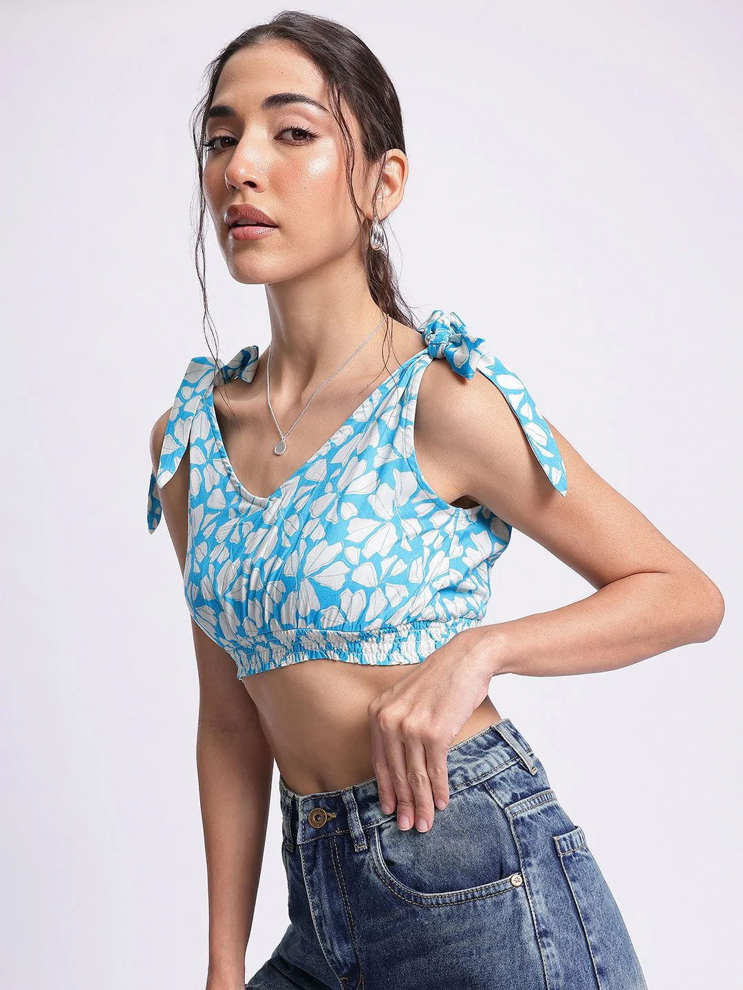 DressBerry Floral Frenzy Tie-Up Detail Smocked Crop Top - Image 4