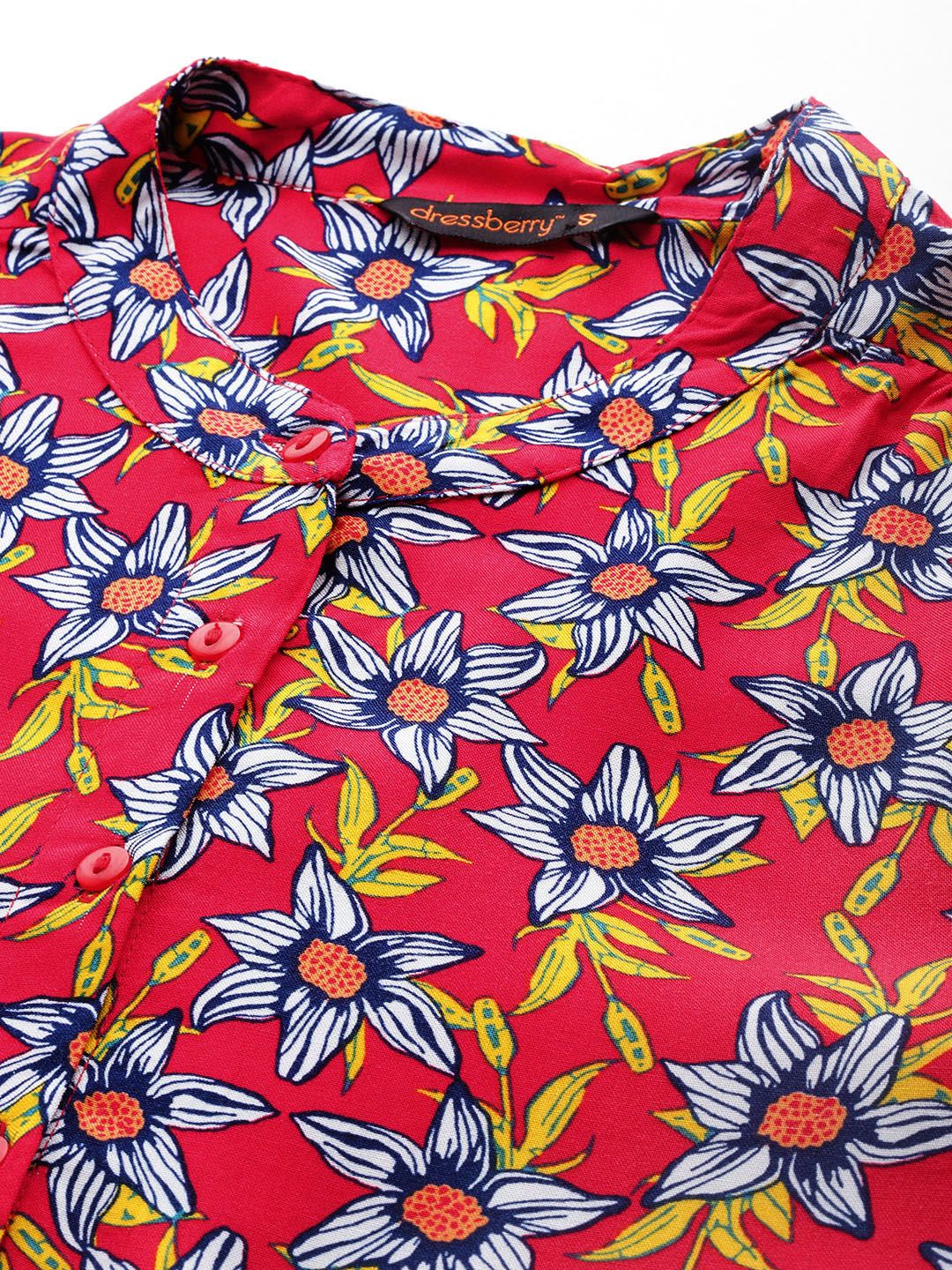 DressBerry Floral Print Mandarin Collar Puff Sleeves Shirt Style Top - Image 2