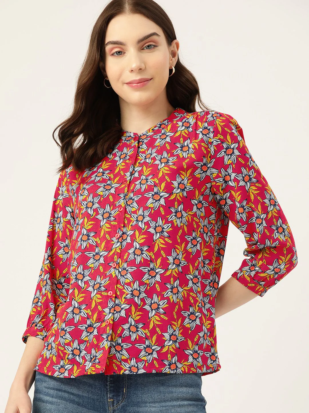 DressBerry Floral Print Mandarin Collar Puff Sleeves Shirt Style Top - Image 3