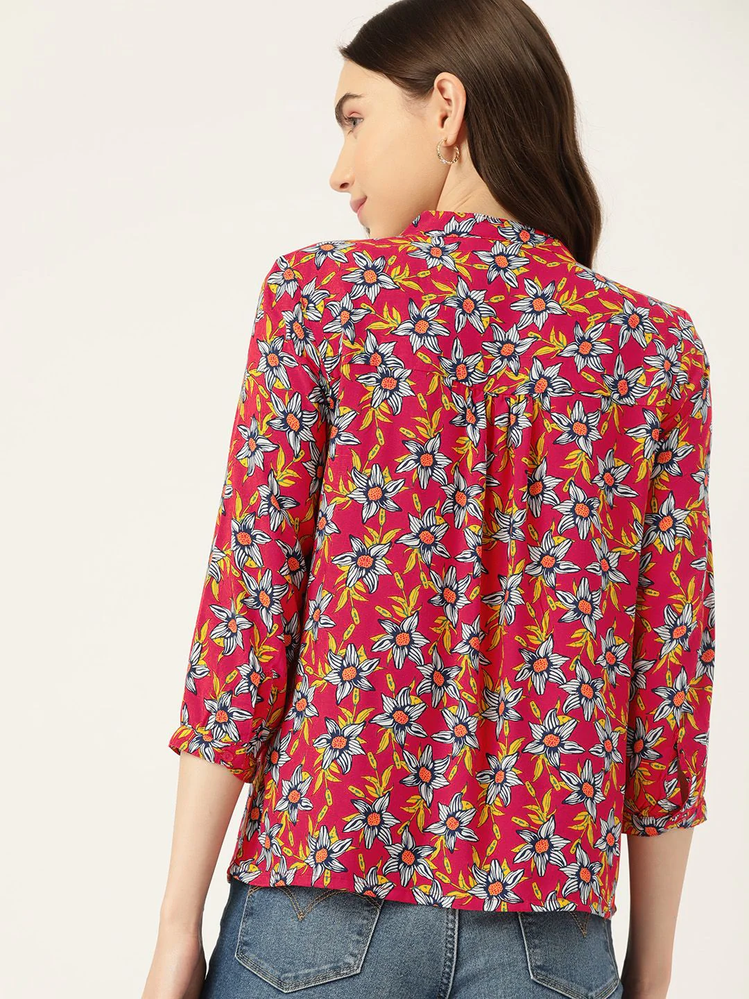 DressBerry Floral Print Mandarin Collar Puff Sleeves Shirt Style Top - Image 4