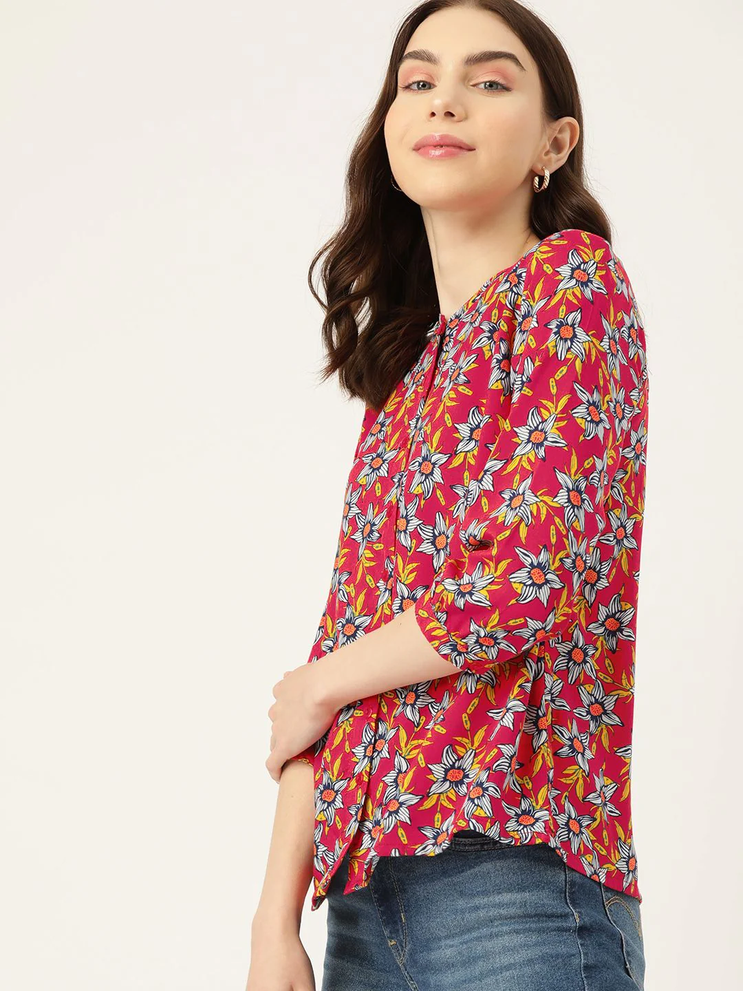 DressBerry Floral Print Mandarin Collar Puff Sleeves Shirt Style Top - Image 5