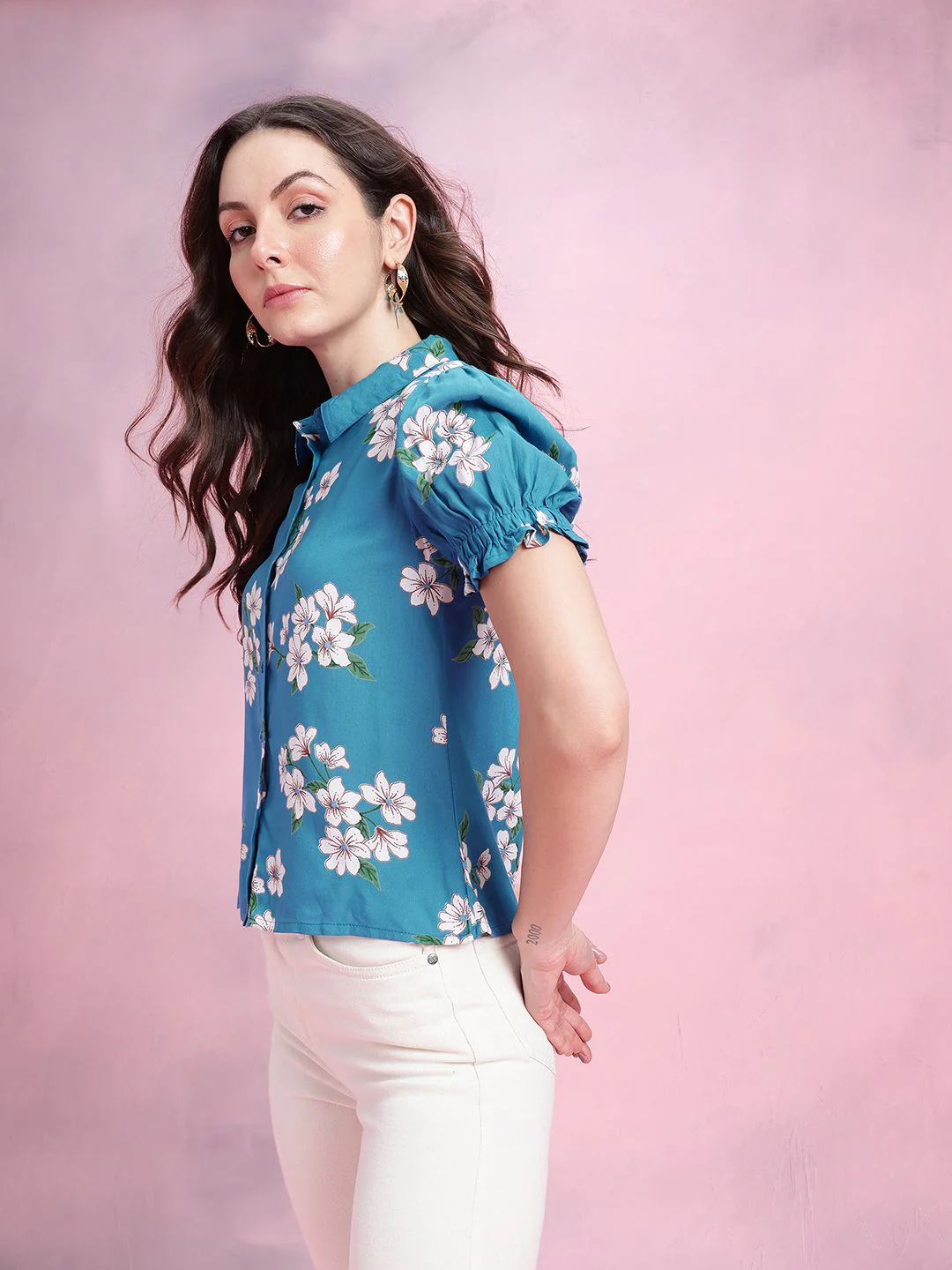 DressBerry Floral Print Puff Sleeves Shirt Style Top - Image 5