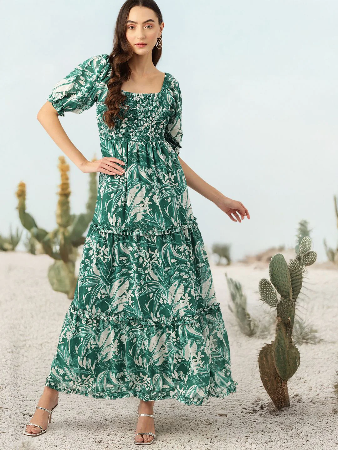 DressBerry Floral Print Puff Sleeves Smocked Tiered Maxi Dress