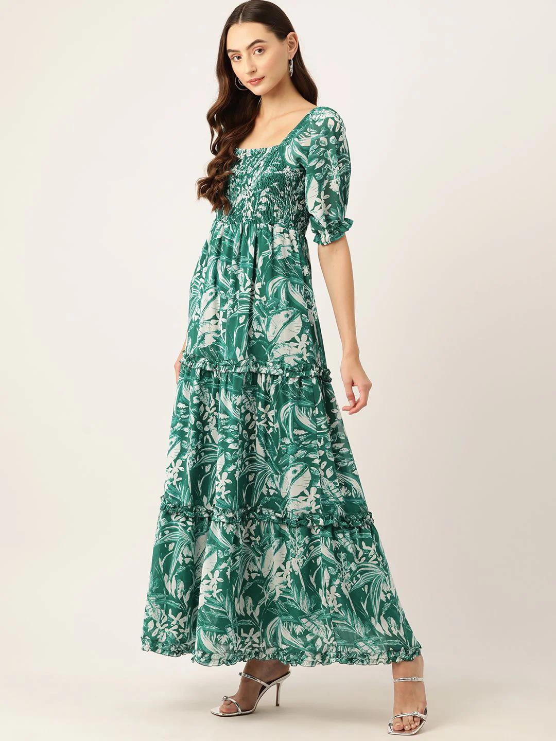 DressBerry Floral Print Puff Sleeves Smocked Tiered Maxi Dress - Image 3