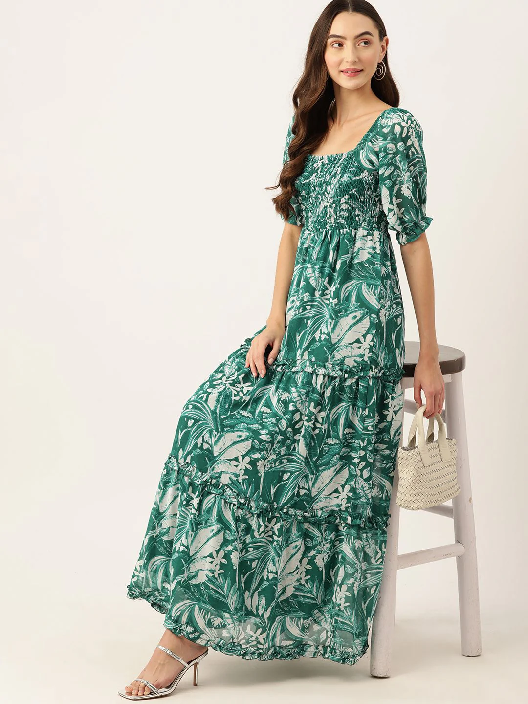 DressBerry Floral Print Puff Sleeves Smocked Tiered Maxi Dress - Image 4