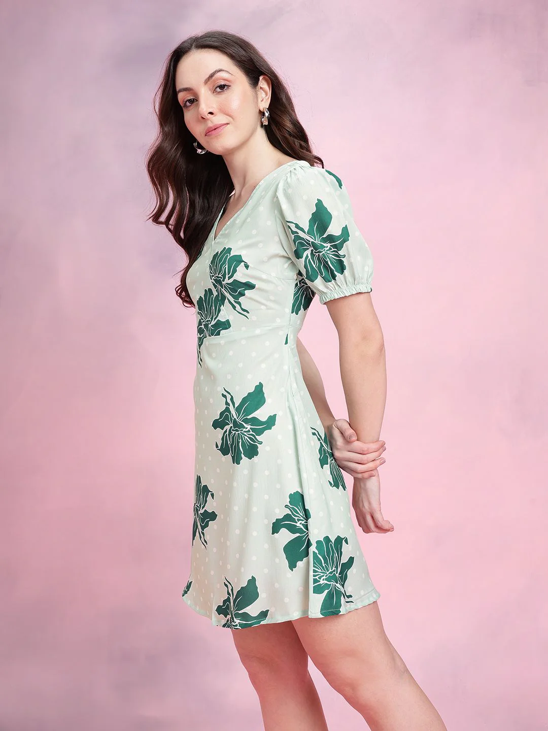 DressBerry Floral Print Puff Sleeves Wrap-Style Satin A-Line Dress - Image 5