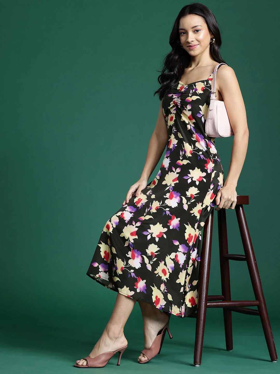 DressBerry Floral Print Ruched A-Line Midi Dress - Image 2