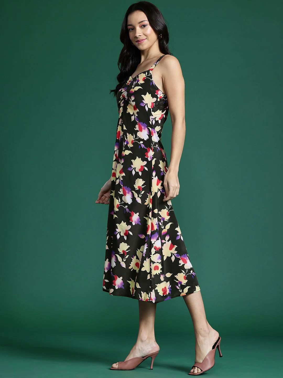 DressBerry Floral Print Ruched A-Line Midi Dress - Image 5