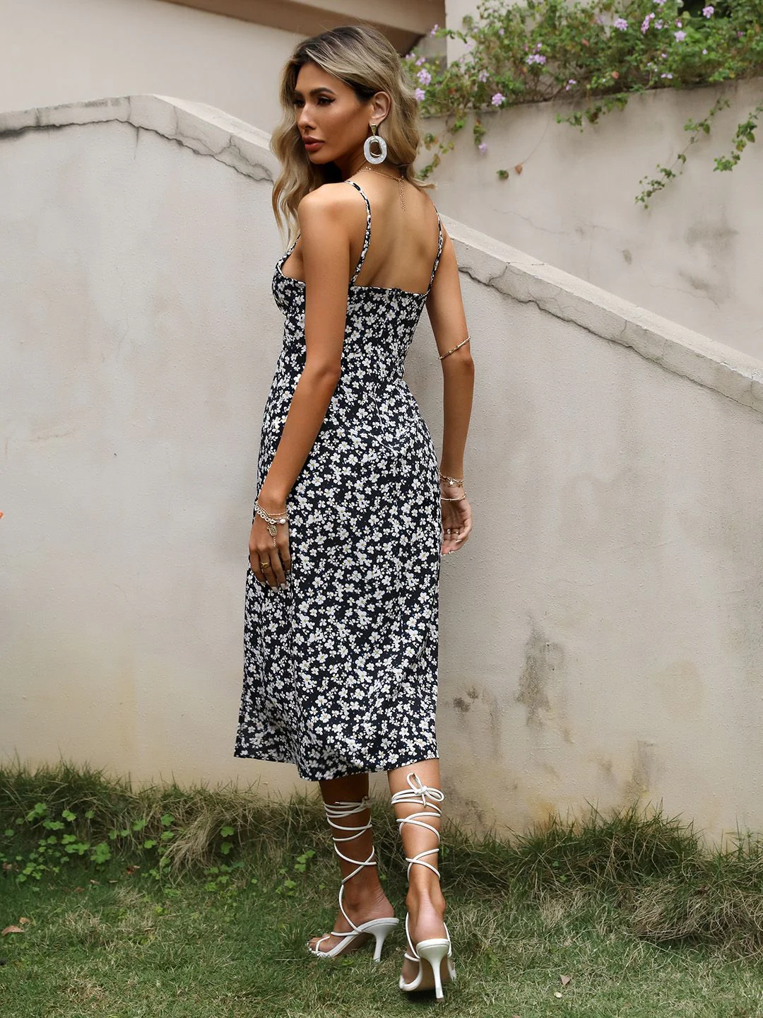 DressBerry Floral Print Shoulder Straps Bodycon Midi Dress with Slits - Image 4