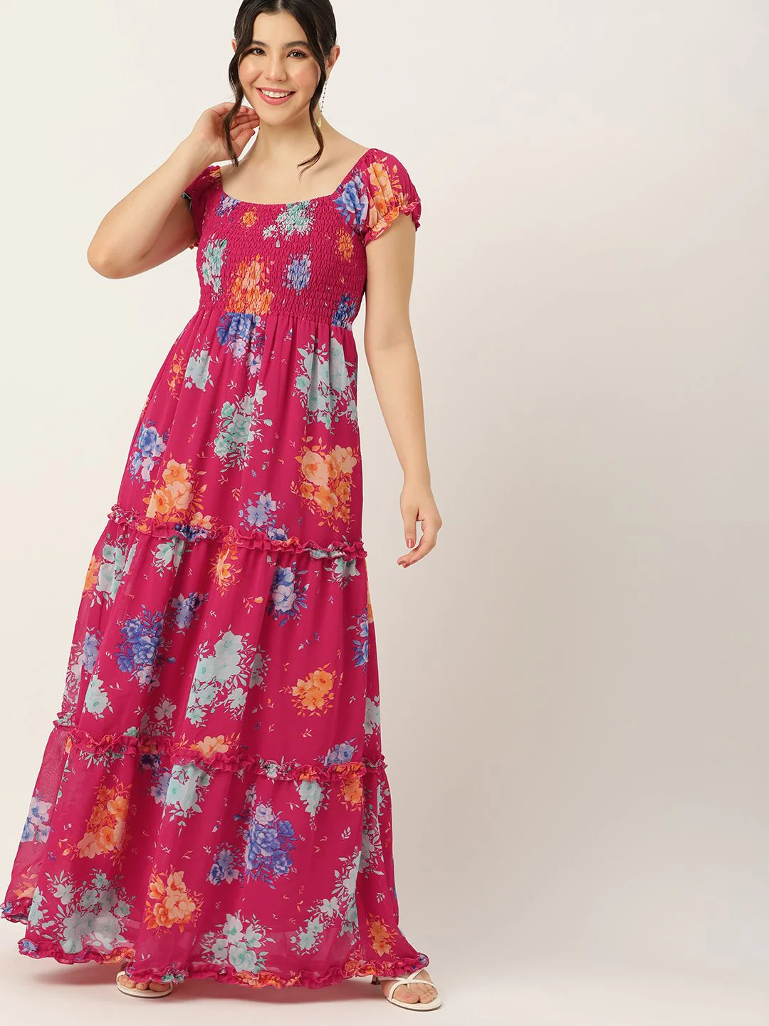 DressBerry Floral Print Smocked Tiered Maxi Dress - Image 3