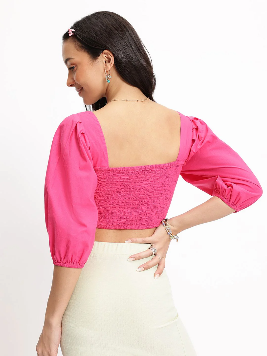 DressBerry Fuchsia Flair Cosmic Cut-Out Sweetheart Neck Pure Cotton Smocked Top - Image 6