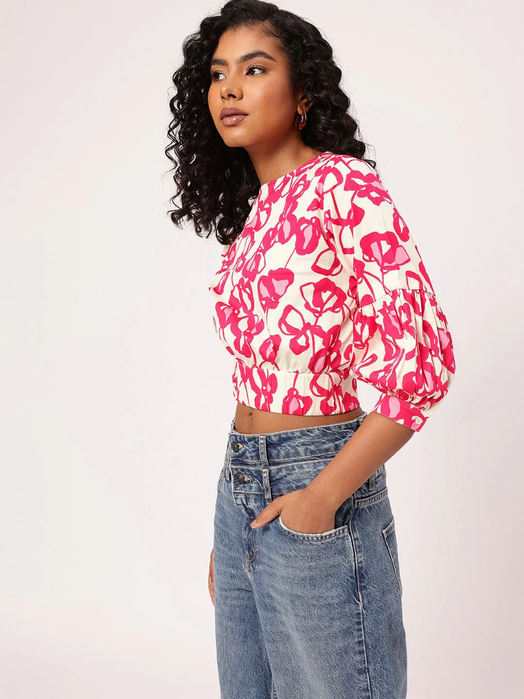 DressBerry Holiday Floral Splash Printed Cinched Waist Crop Top - Image 2