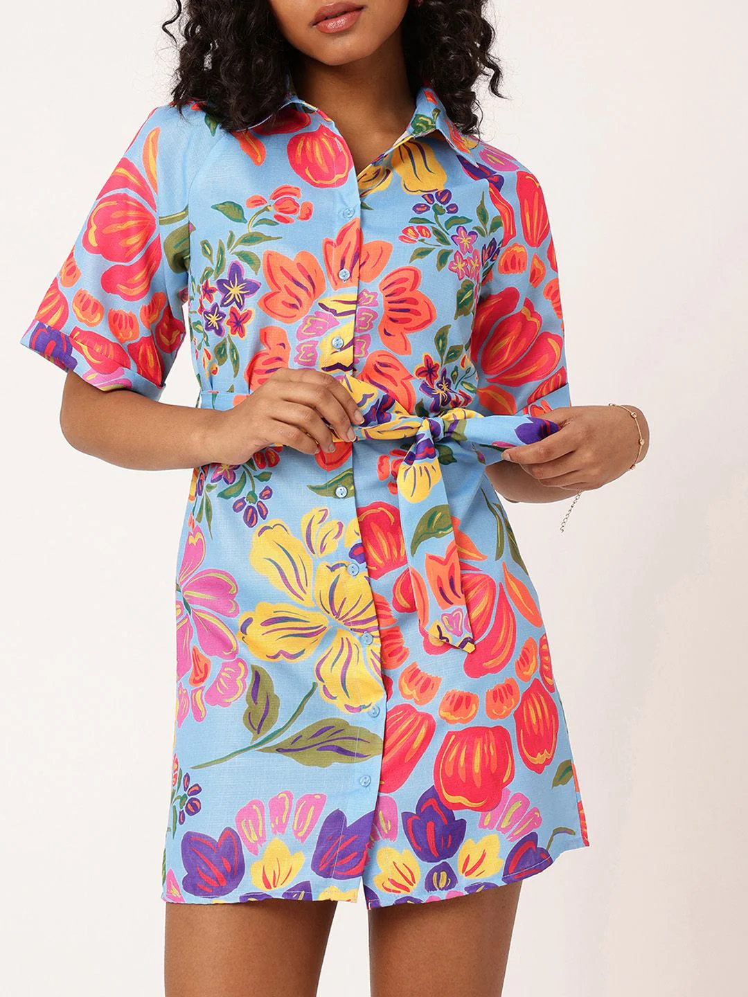 DressBerry Holiday Glam Floral Printed Shirt Style Mini Dress With Waist Tie-Up