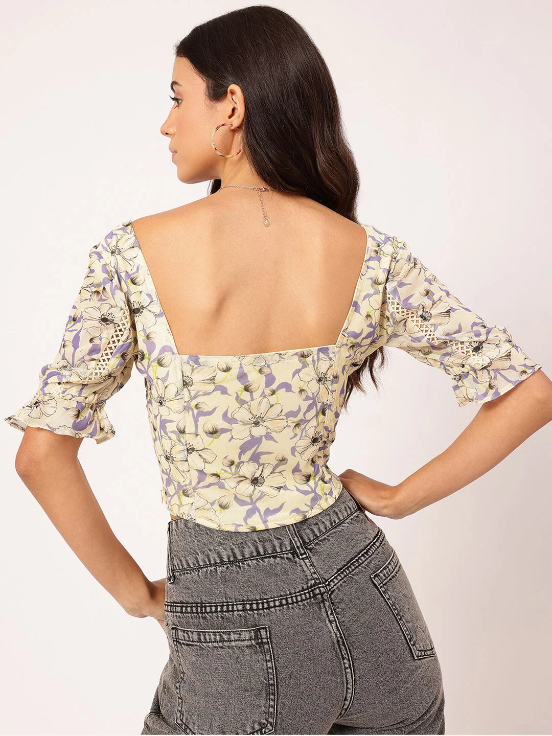 DressBerry Lace Inserts Floral Smocked Crop Top - Image 4