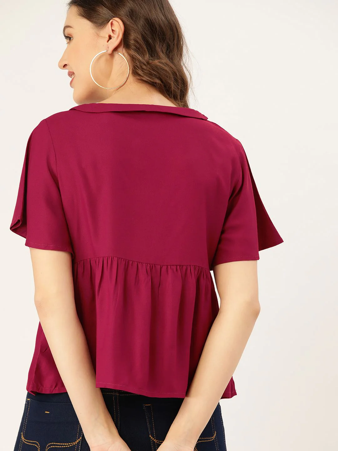 DressBerry Magenta & Beige Solid Ecovero Embroidered Detail A-Line Top - Image 5