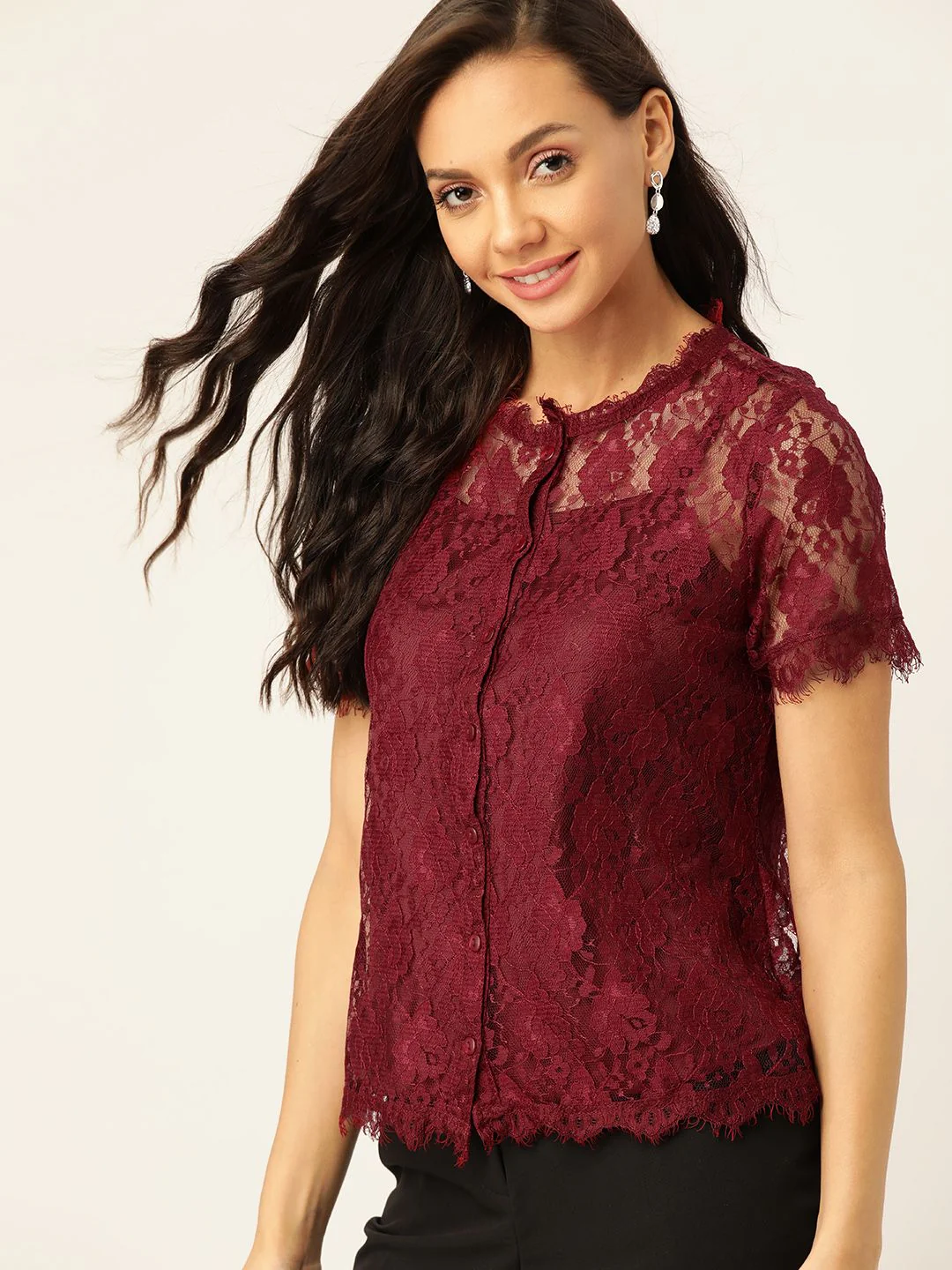 DressBerry Maroon Self Design Lace Top With Slip - Image 3