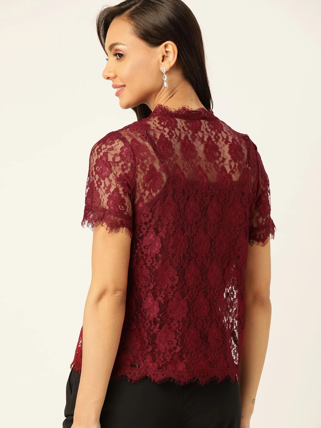 DressBerry Maroon Self Design Lace Top With Slip - Image 5