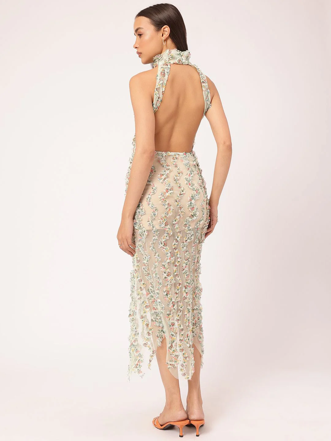 DressBerry Modern Vintage Ruffle Trims Sheer Net Backless Midi Dress - Image 4