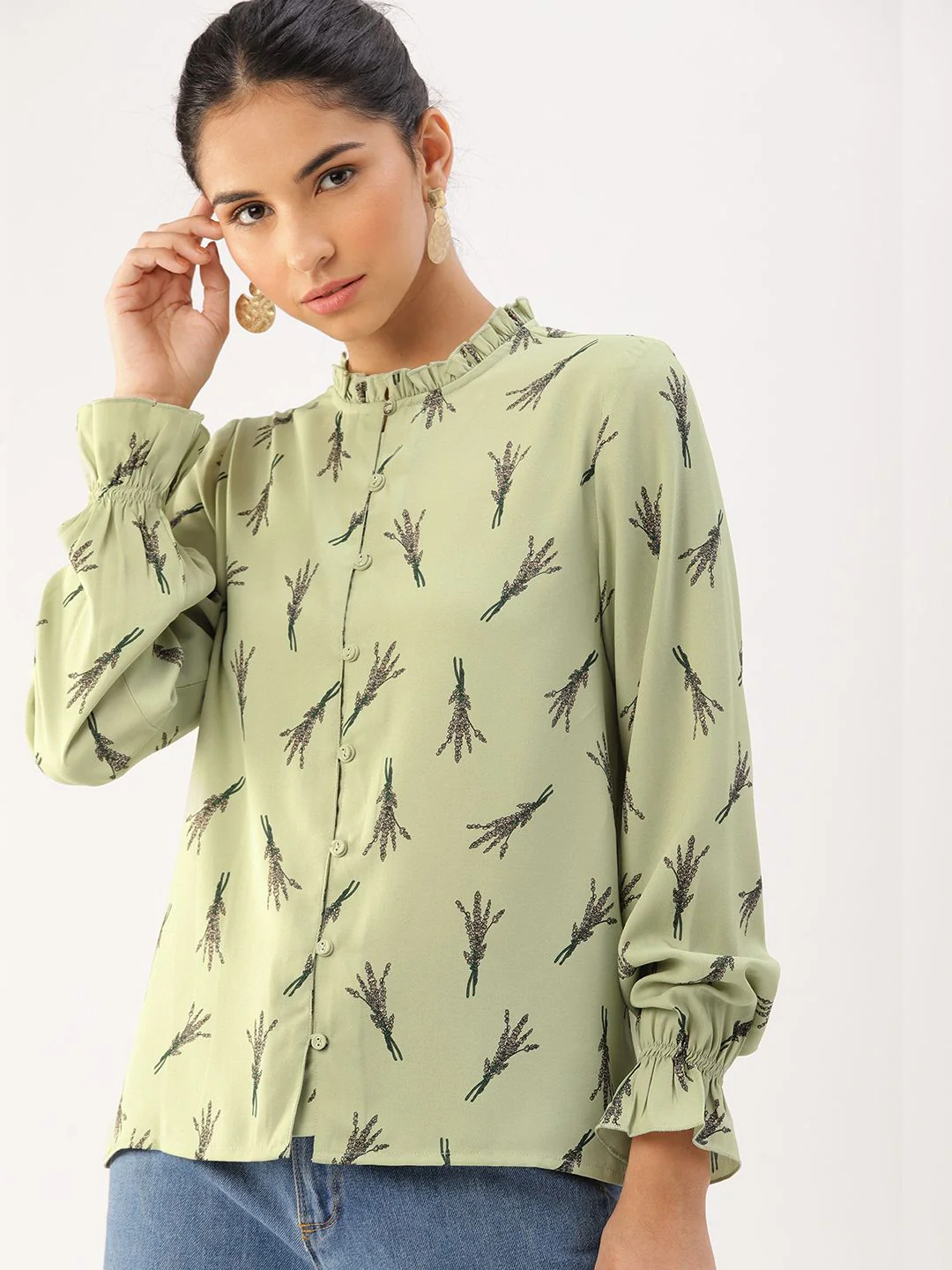DressBerry Olive Green Floral Shirt Style Top - Image 3