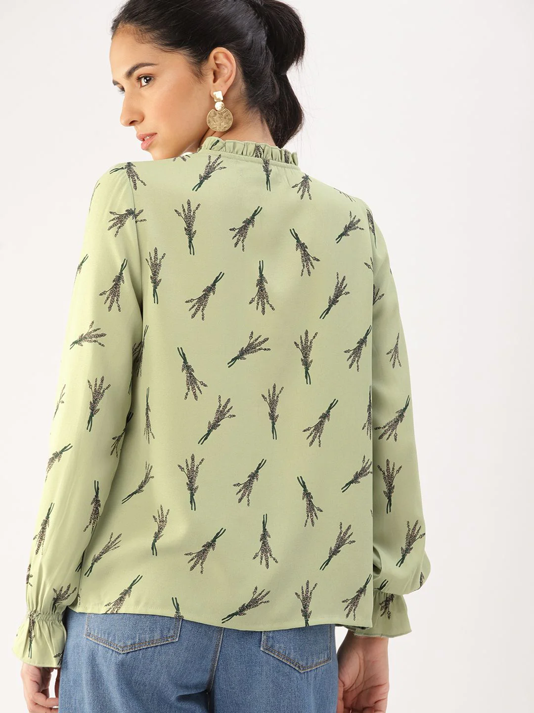 DressBerry Olive Green Floral Shirt Style Top - Image 4