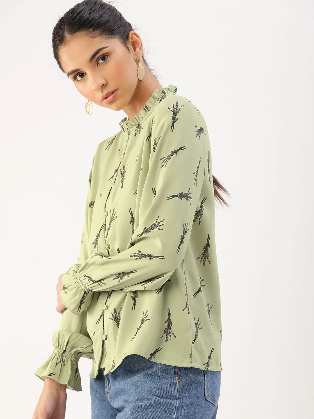 DressBerry Olive Green Floral Shirt Style Top - Image 5