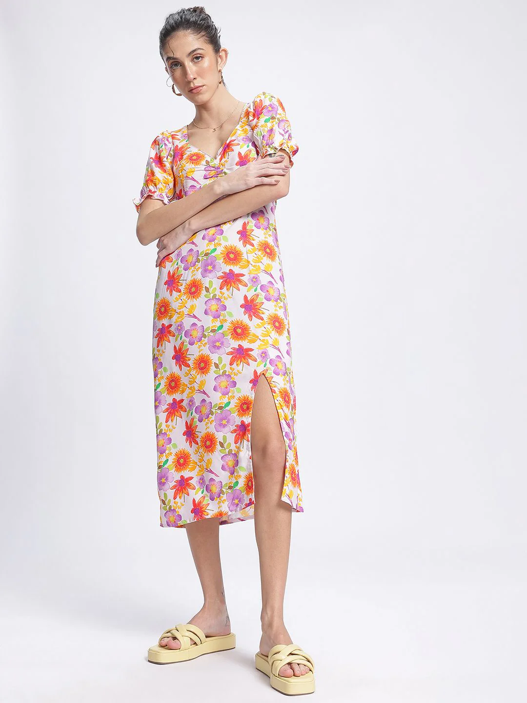 DressBerry Petal Power Ruched Front Slit Floral Sheath Dress - Image 2