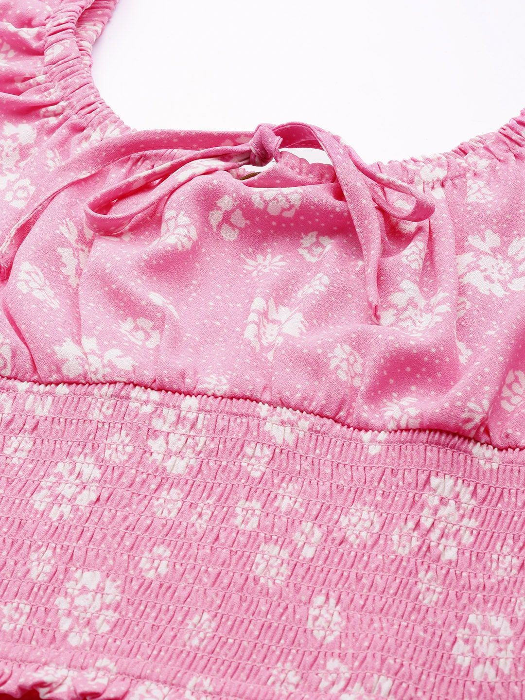 DressBerry Pink & White Floral Print Smocked Empire Crop Top - Image 2