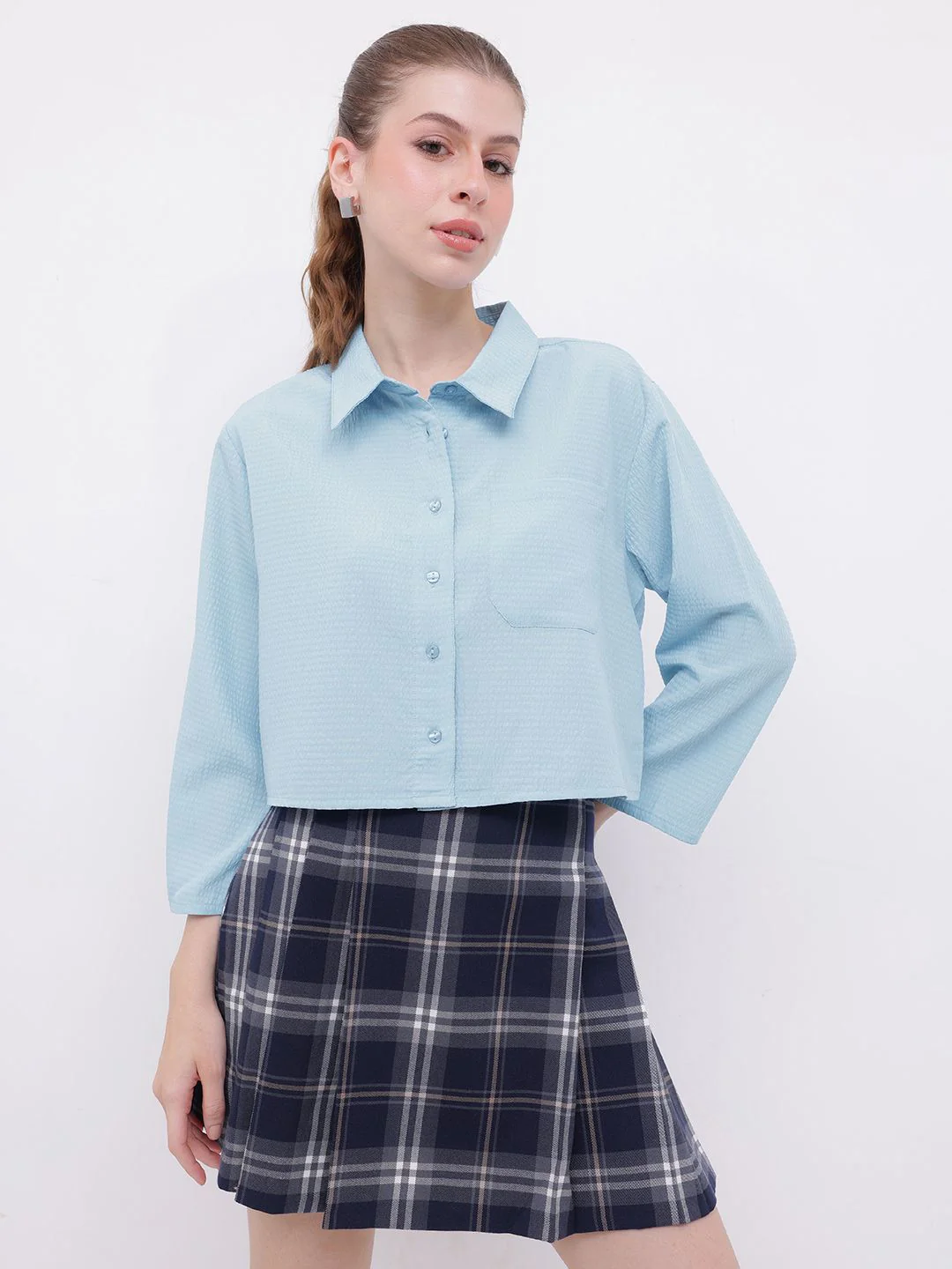 DressBerry Playful Allusion Seersucker Relaxed Fit Crop Shirt - Image 2