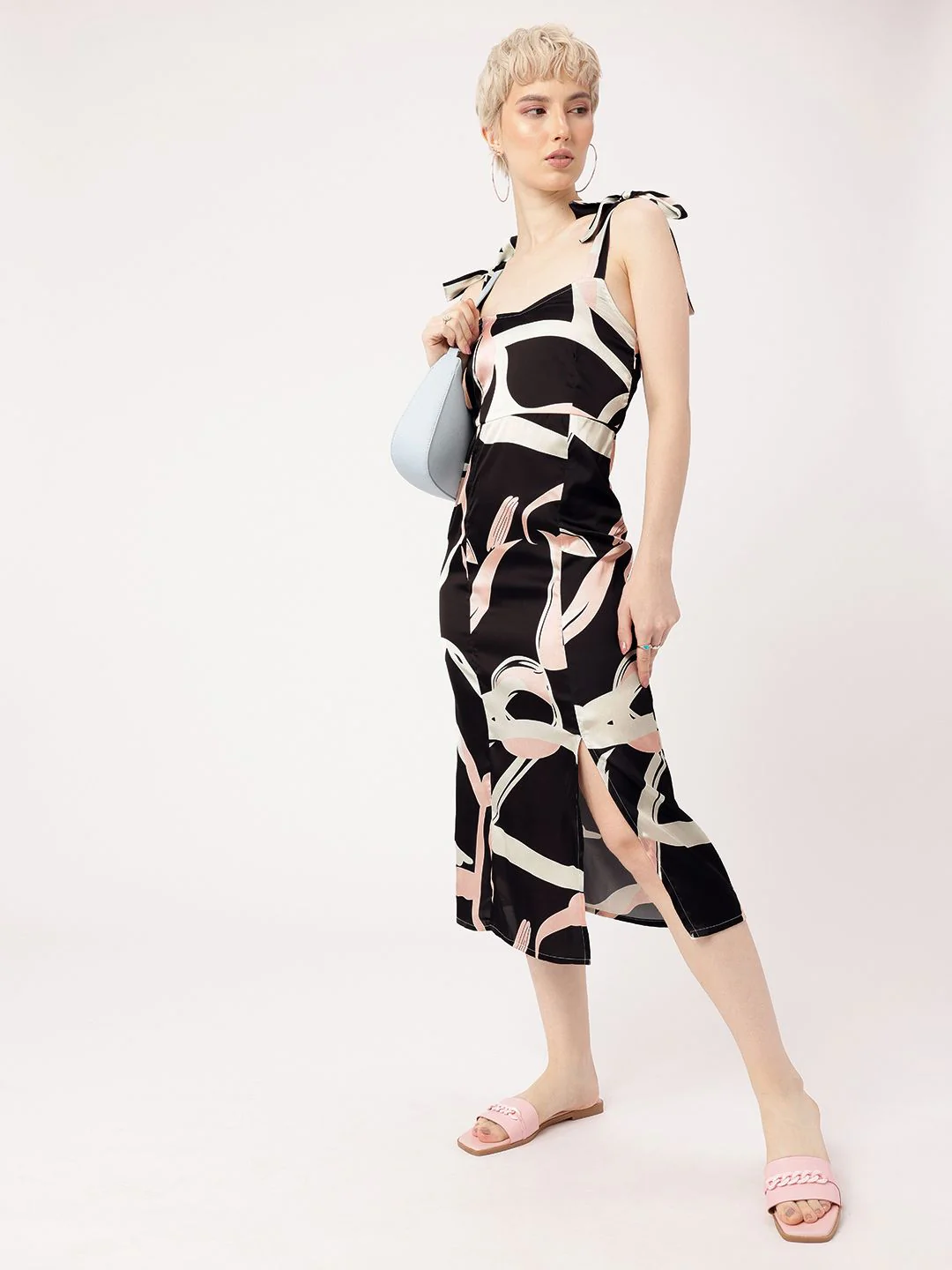 DressBerry Playful Chic Satin Finish Printed Side Slit A-Line Midi Dress - Image 4