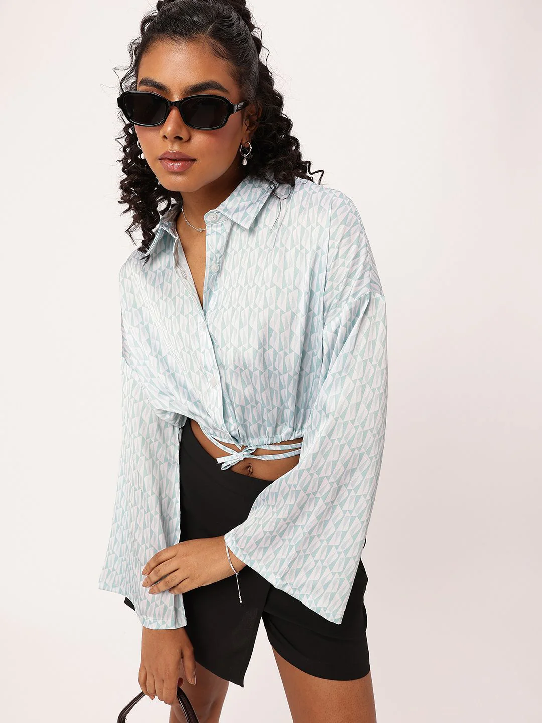 DressBerry Playful Tie-Ups Satiny Glam Blouson Shirt Style Crop Top - Image 4