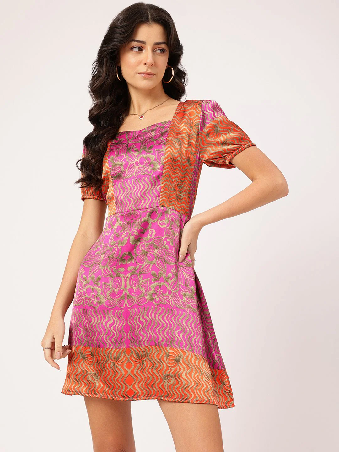 DressBerry Printed Sweetheart Neck Satin Finish Cut-Out Back Mini A-Line Dress - Image 2