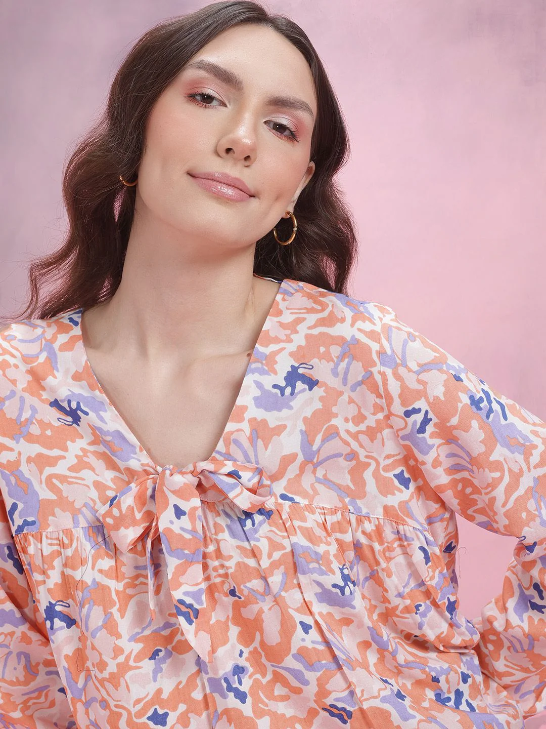 DressBerry Printed Tie-Up Neck Puff Sleeve Top - Image 2