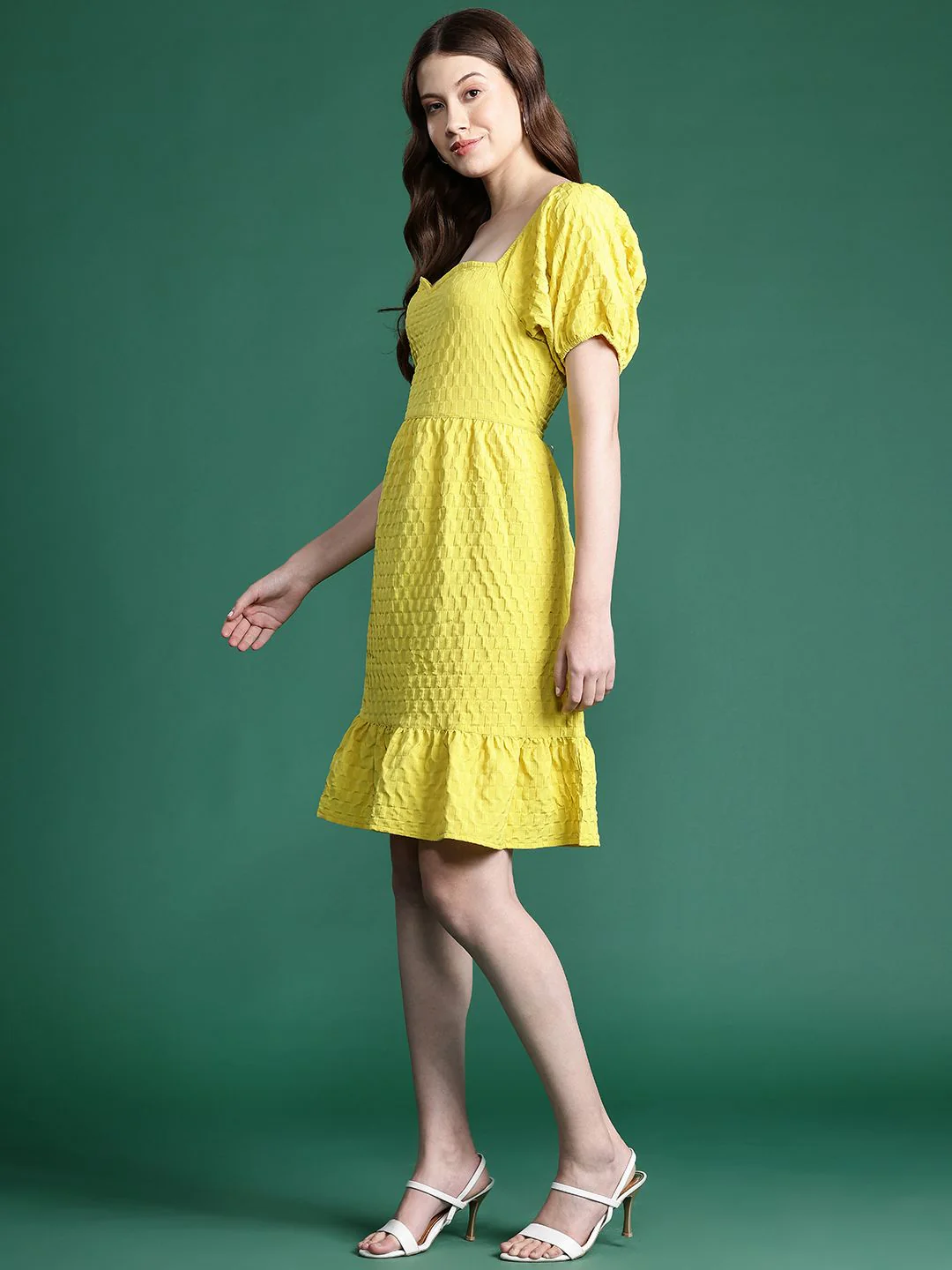 DressBerry Puff Sleeves Fit & Flare Textured Dress - Image 3