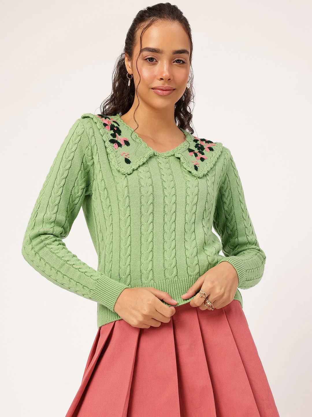 DressBerry Pure Acrylic Embroidered Detail Cable Knit Pullover - Image 2