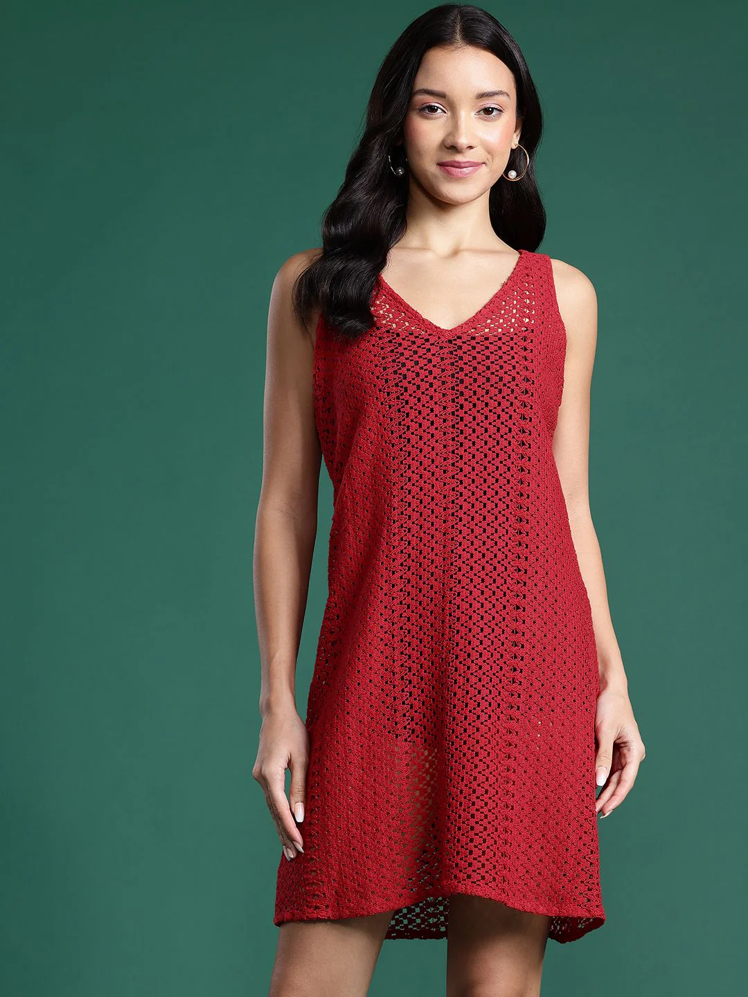 DressBerry Pure Cotton Sheer Crochet A-Line Mini Dress - Image 3