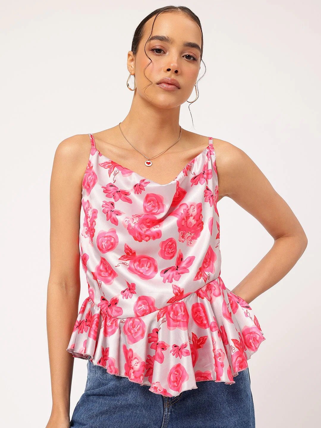 DressBerry Radiant Roses Satin Bow Tie-Up Ruffled Hem Top - Image 2