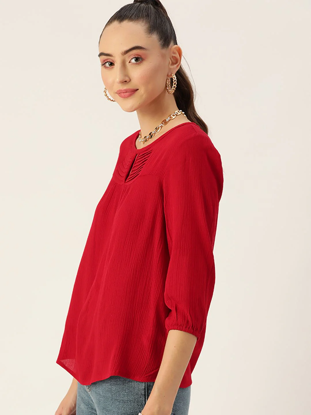 DressBerry Red Keyhole Neck Woven Top - Image 3