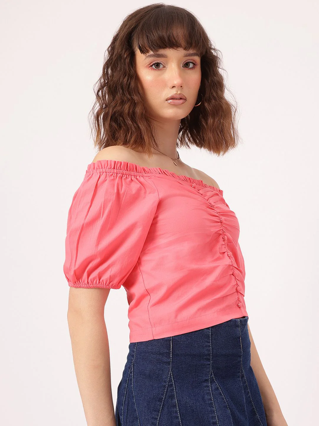 DressBerry Romantic Fusion Ruched Bardot Crop Top - Image 5