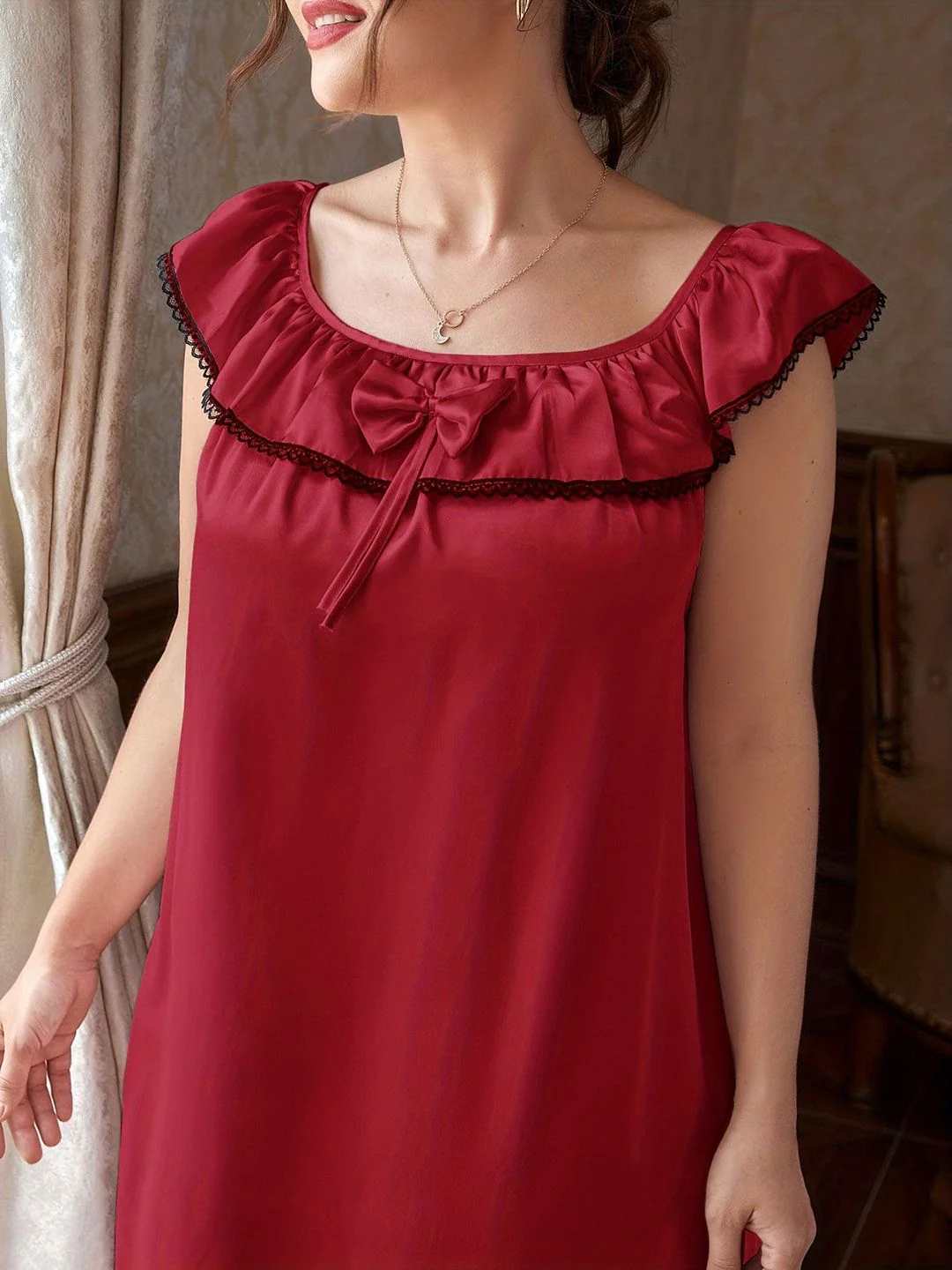 DressBerry Round Neck Bow Detail Sleeveless Frill Maxi Nightdress - Image 2