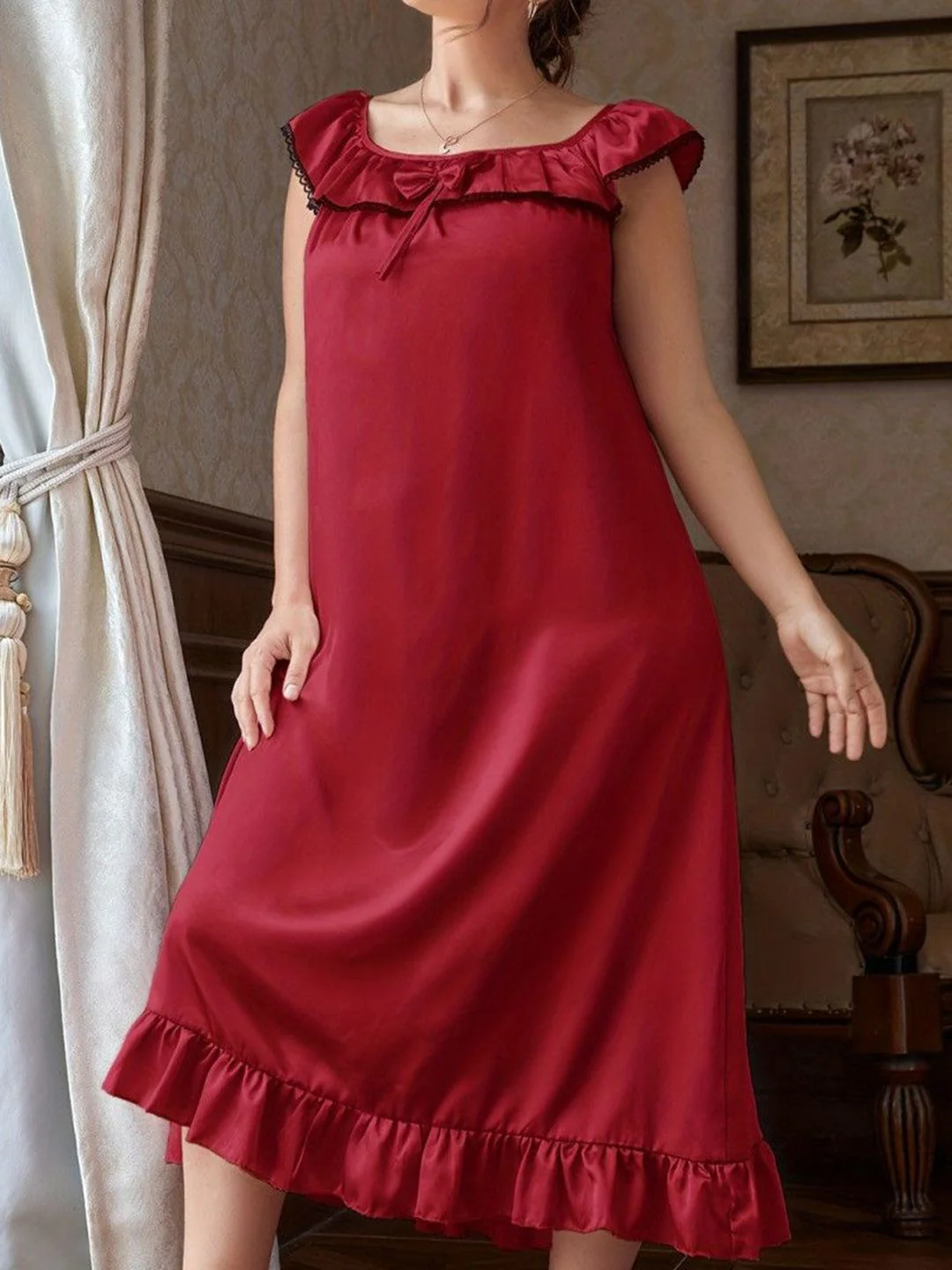 DressBerry Round Neck Bow Detail Sleeveless Frill Maxi Nightdress - Image 4