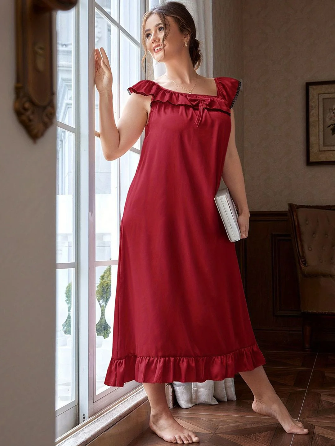 DressBerry Round Neck Bow Detail Sleeveless Frill Maxi Nightdress - Image 5