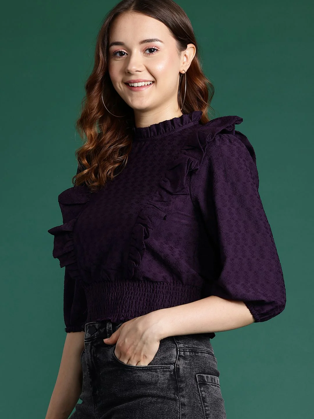 DressBerry Self-Design Ruffled Blouson Top - Image 3