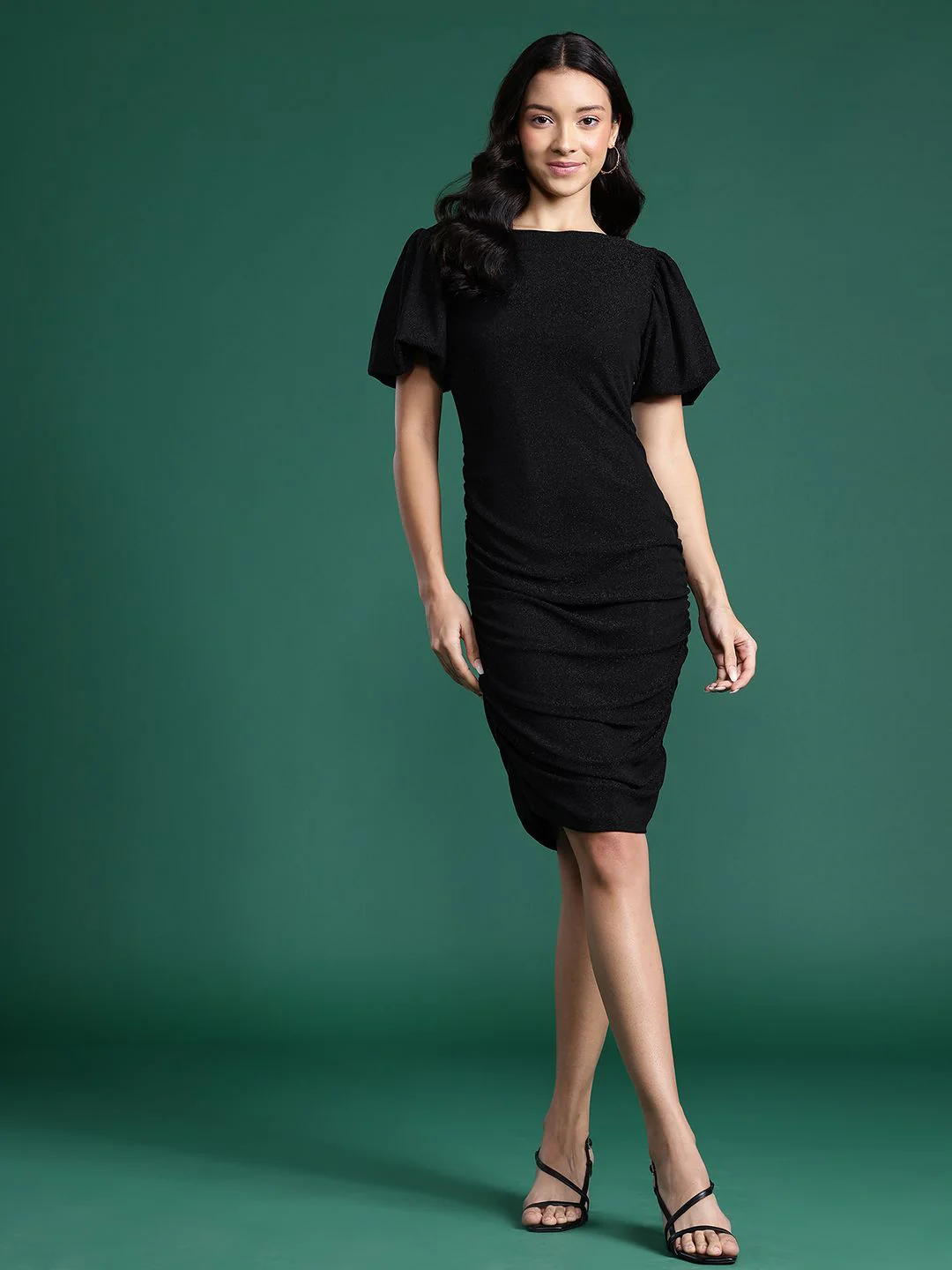 DressBerry Shimmer Finish Ruched Detail Puff Sleeve Mini Dress - Image 3