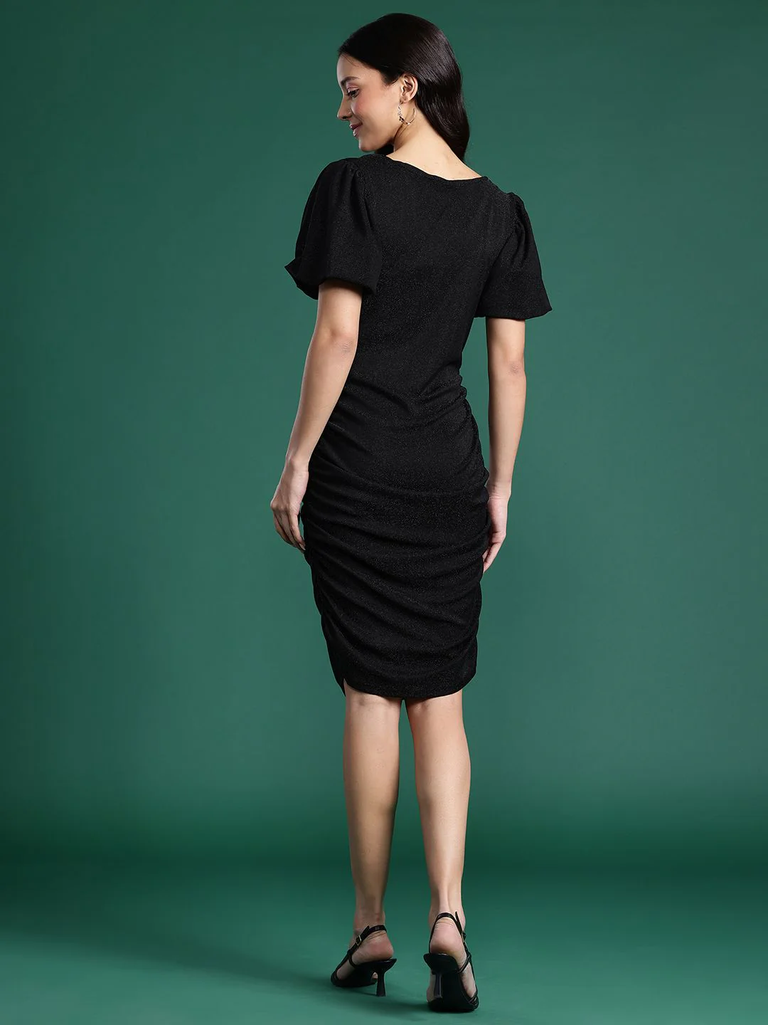 DressBerry Shimmer Finish Ruched Detail Puff Sleeve Mini Dress - Image 4
